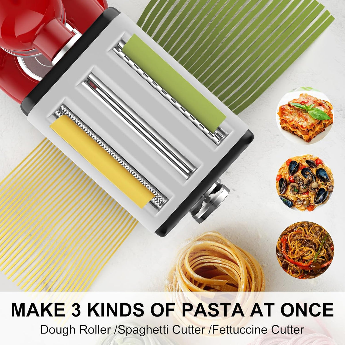 Pasta Maker Attachment for All Kitchenaid Mixers, Noodle Maker Kitchen Aid Mixer Accessories 3 In 1 Including Dough Roller Spaghetti Fettuccine Cutter - Homemade Fresh Pasta Easily!