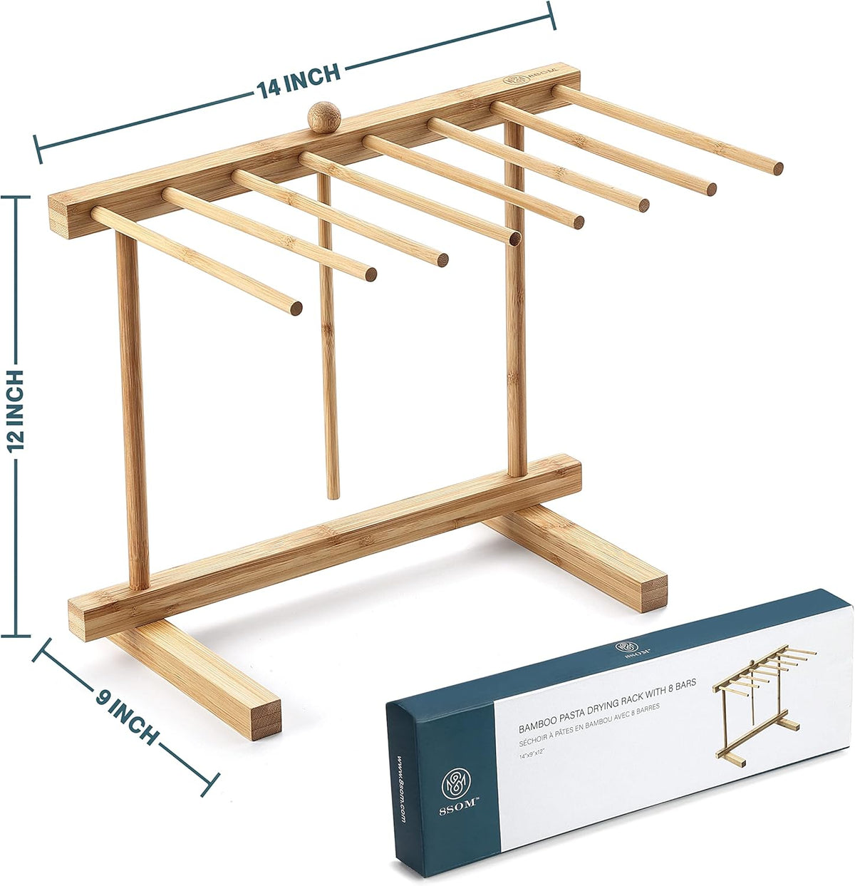 Bamboo Pasta Drying Rack with 8 Bars and Transfer Wand, Easy to Transfer for Drying Pasta and Cooking, Special Suspension Design for Large Storage, Gift for House Warming