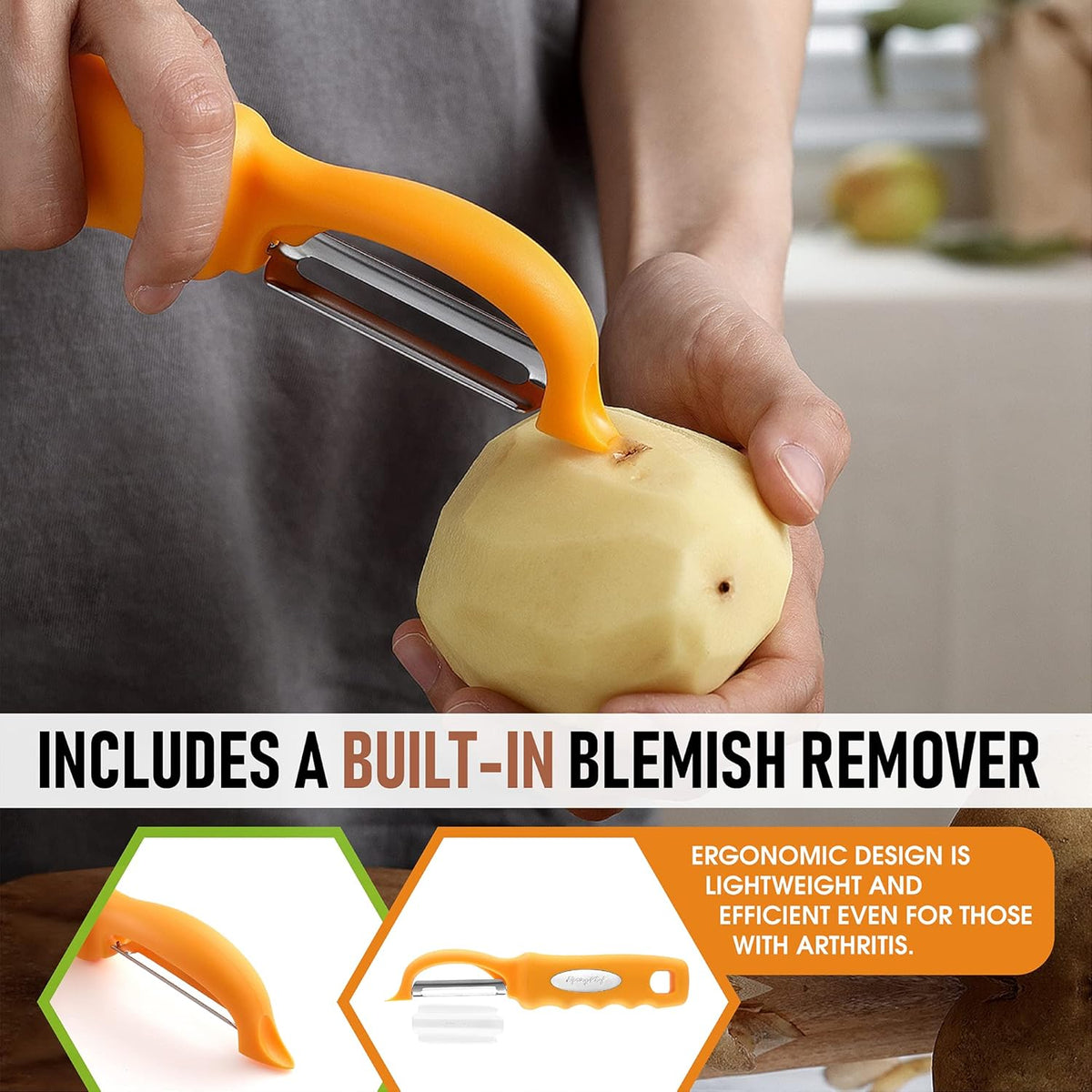 Spring Chef Premium Stainless Steel Swivel Potato Peelers for Kitchen, Metal Vegetable Peelers with Comfortable Handle for Apple, Cucumber, Veggie, Fruit, Carrot, Dishwasher Safe - Set of 2 - Mango