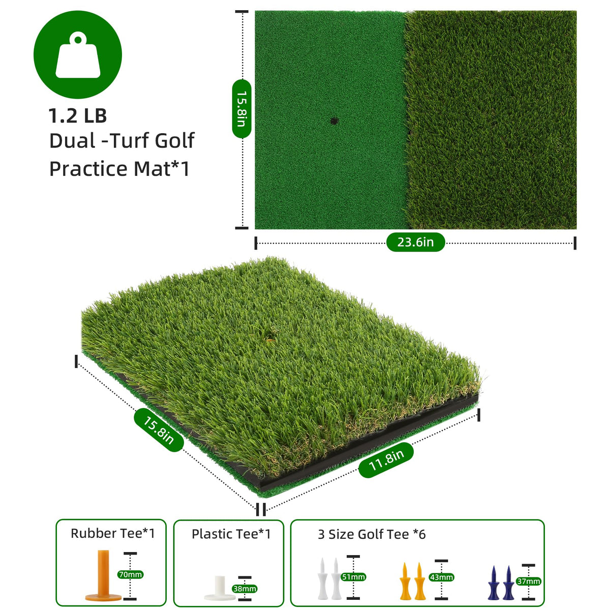 Dual-Turf Golf Hitting Mat – Golf Practice Mat, Foldable & Portable Golf Turf Mat with 8 tees, Golf Chipping & Putting Mat for Indoor/Outdoor Practice