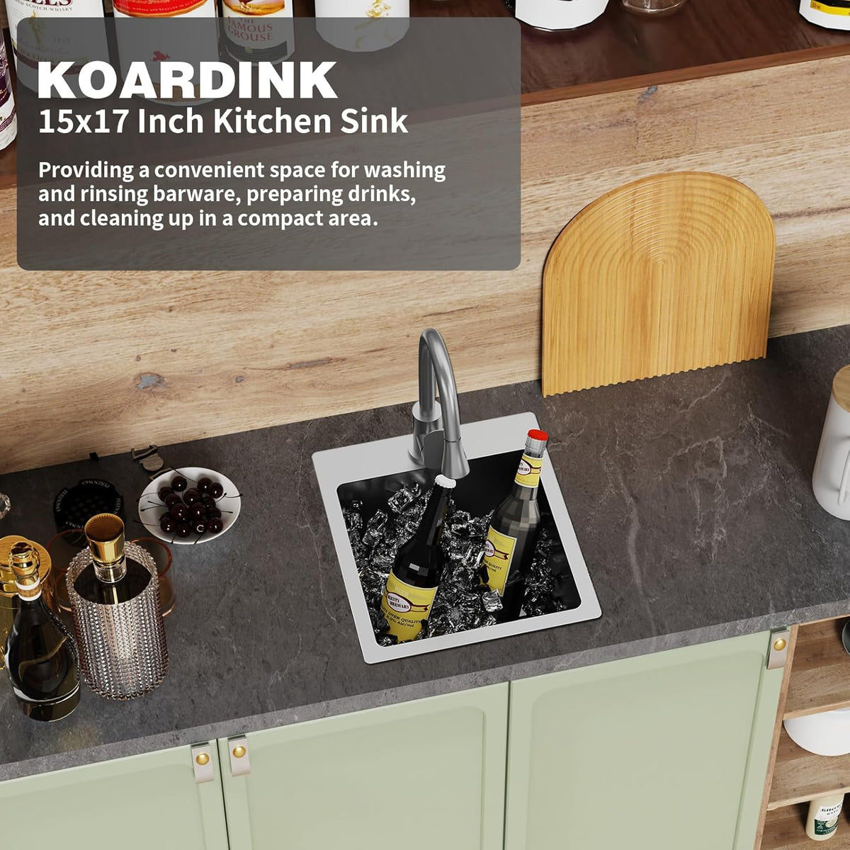 Kitchen And Bar Sink, 15x17 Inch Stainless Steel Drop In Kitchen Sink Modern Single Bowl Topmount Bar Sink Combo-Silicon Mat,Drain Strainer Set Compatibility With Various Kitchen & Bar Style