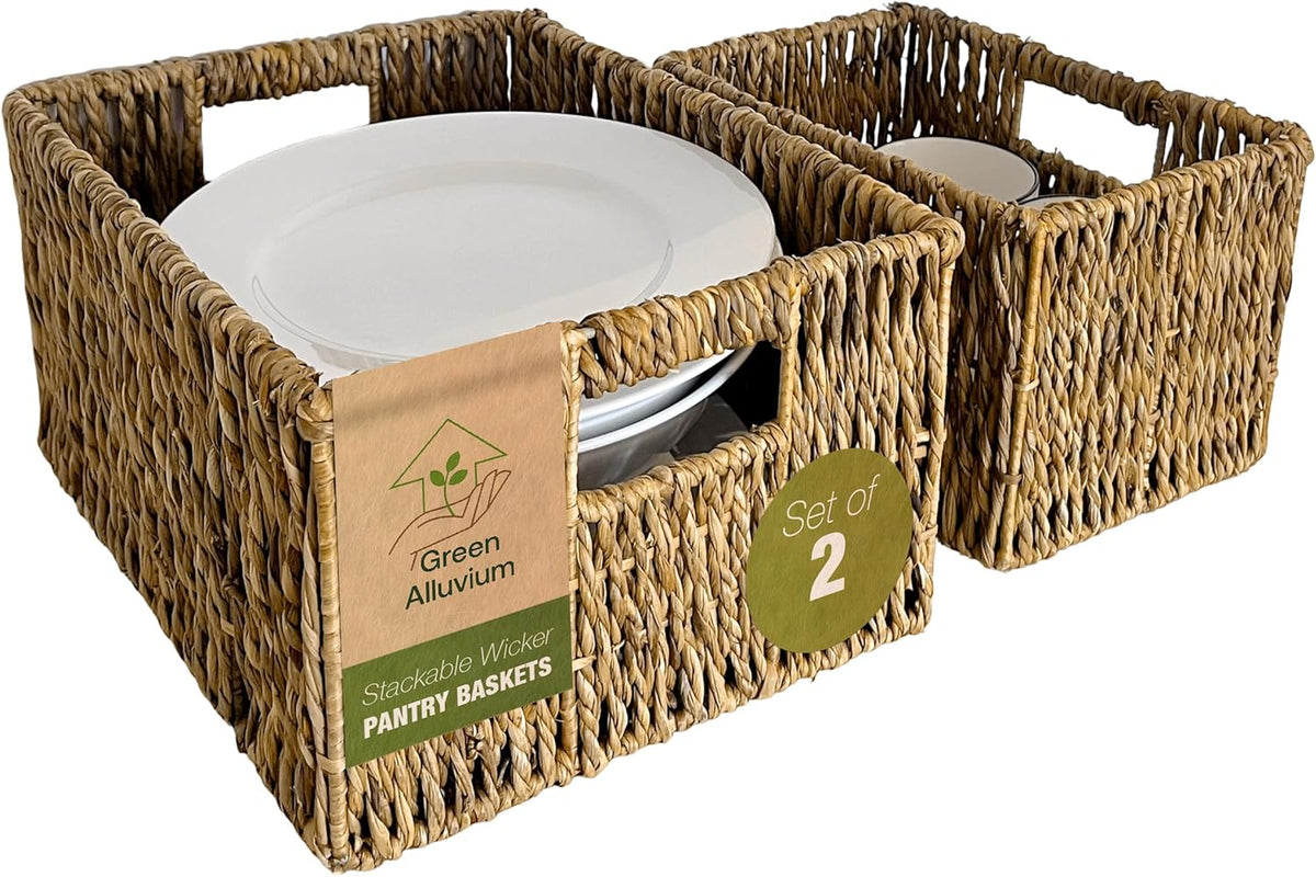 Wicker Basket Set – Stackable Storage Bins for Organizing Pantry & Kitchen – 1 Medium Basket + 1 Small Baskets with Handle – Wicker Storage Baskets for Shelves & More