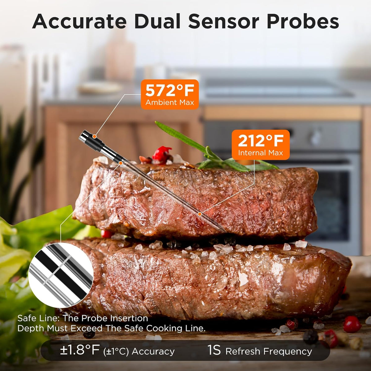 Bluetooth Meat Thermometer with Smart APP, 800FT Wireless Range & LCD Base, Rechargeable Probe, Digital Food Thermometer for BBQ, Grill, Chefs, Air Fryer, Gifts for Men Dad