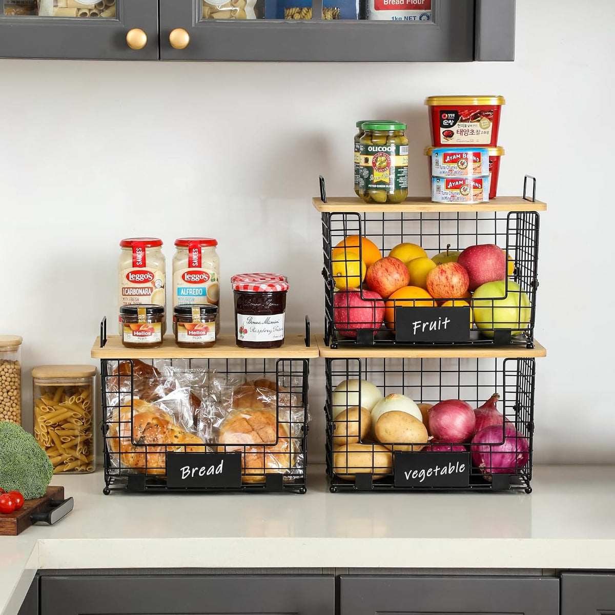 2 Set XXL Stackable Wire Basket with Bamboo Tops & Tag- Pantry Organizer and Storage Bins, Kitchen Counter Cabinet Shelf Countertop Under Sink Organizing, Food Snack Produce Onion Potato Bread Storage