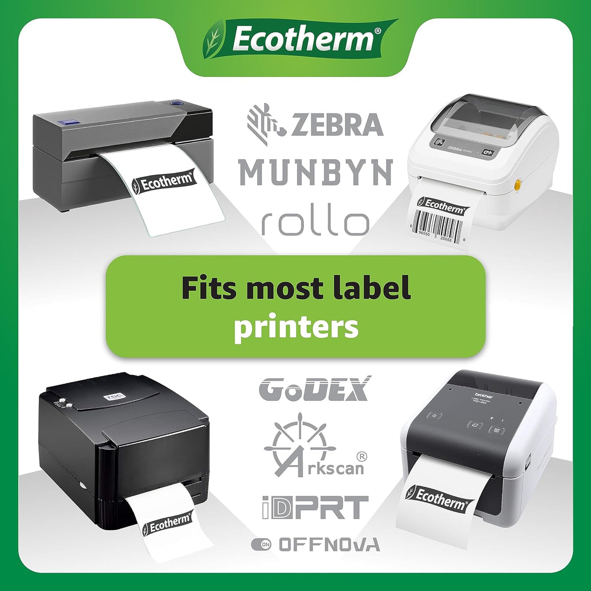 4" x 3" Thermal Labels | 4 Rolls | 2100 Labels | fits Zebra, Munbyn, Rollo, Godex, Arkscan, iDPRT, Offnova Thermal Label Printers and More | Blank White Adhesive Stickers by Ecotherm