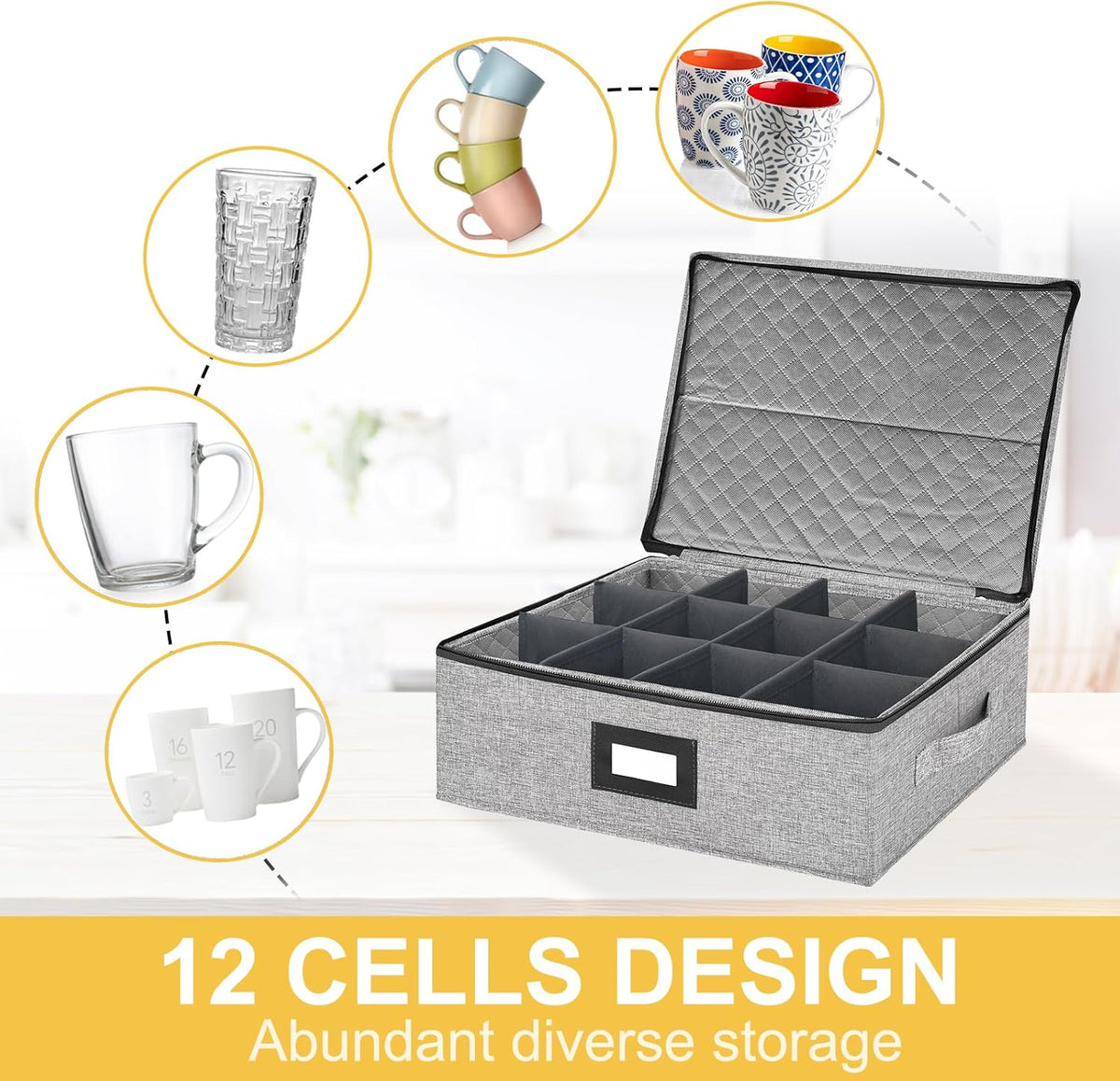 Coffee Mug Storage Box with Dividers, Durable China Storage Containers for Coffee Mugs, Tea Cups Storage Organizer with Lid, Handles, Label Window, Holds 12 Mugs, Hard Shell and Stackable (Grey)