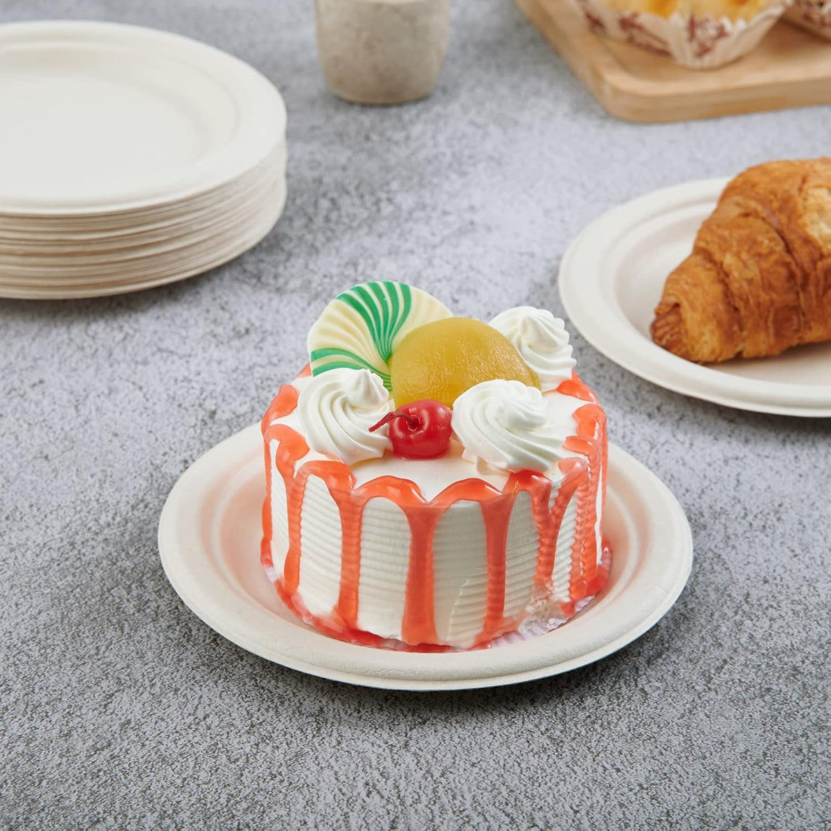 Vplus 350 Pack Paper Plates 7 inch 100% Compostable, Heavy-Duty Disposable Paper Plates Bagasse Natural Biodegradable Eco-Friendly Sugarcane