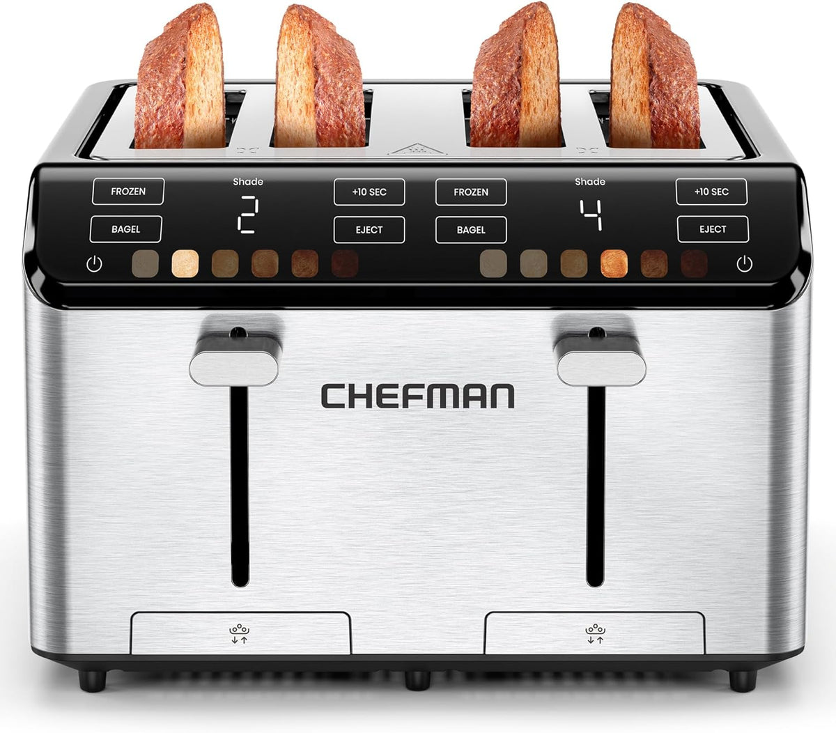 Chefman Smart Touch 4 Slice Digital Toaster, 6 Shade Settings, Touchscreen Bagel Toaster 4 Slice with Extra-Wide Slots, +10 Seconds, Defrost, Removable Crumb Tray – Stainless Steel