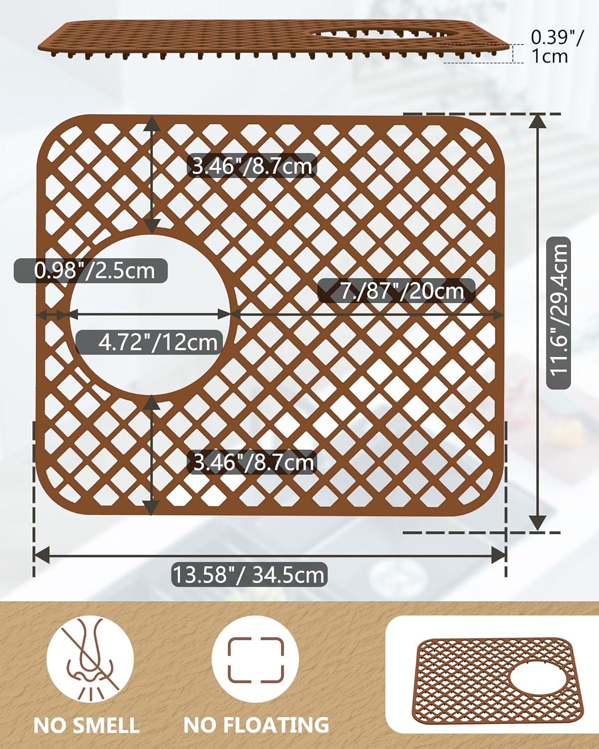 2 Pack Silicone Sink Protectors for Kitchen Sink, Lozenge Pattern 13 x 11 Inches Sink Mat, Non-Slip and Durable Sink Protector Silicone, Rear Drain, Coffee