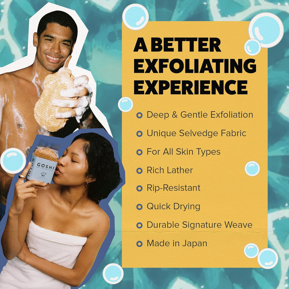 GOSHI Exfoliating Shower Sponge - Rip-Resistant, Rapid-Drying Exfoliating Bath Sponge for All Skin Types - Marigold Yellow - Made in Japan