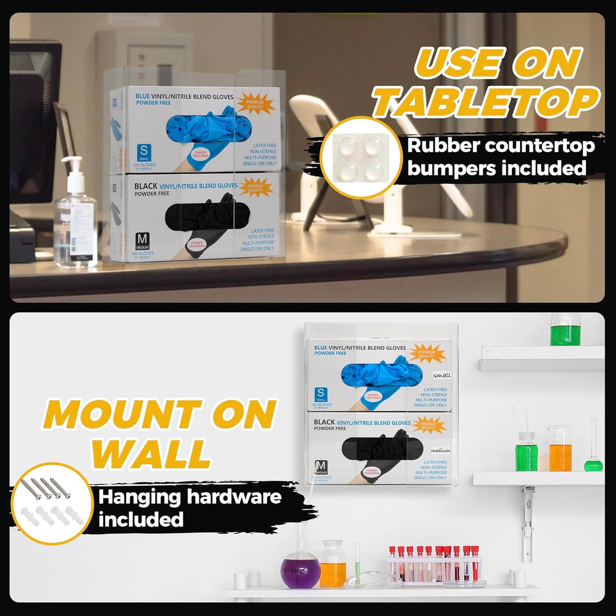 Storage Standard Double Glove Box Holder Dispenser - Kitchen, Medical, & Latex Gloves Holder Wall Mount or Countertop, Universal Fit - Thick Acrylic, Easy to Use, Slide, & Load Open Top Design - Clear