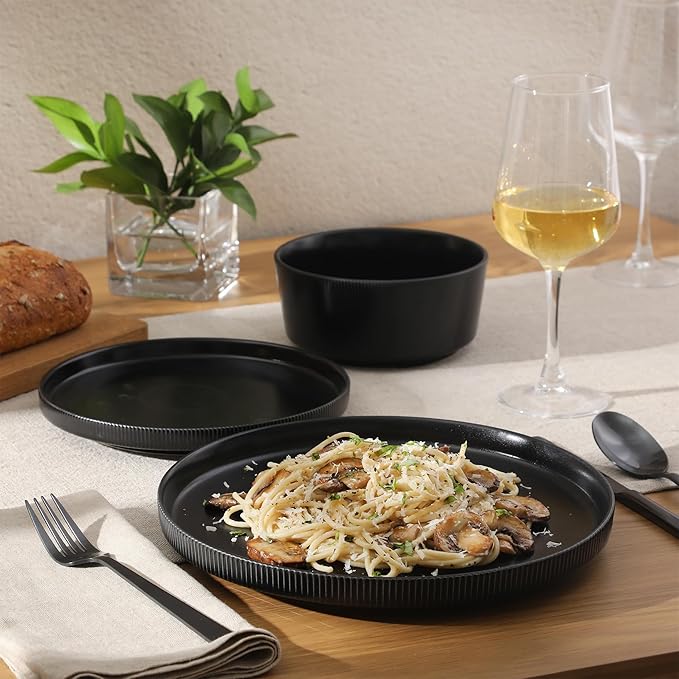 Gibson Home Dempsey Road 12-Piece Stoneware Dinnerware Set – Service for 4, Round Black Plates and Bowls, Durable Solid Color Modern Embossed Dish Set, Microwave & Dishwasher Safe