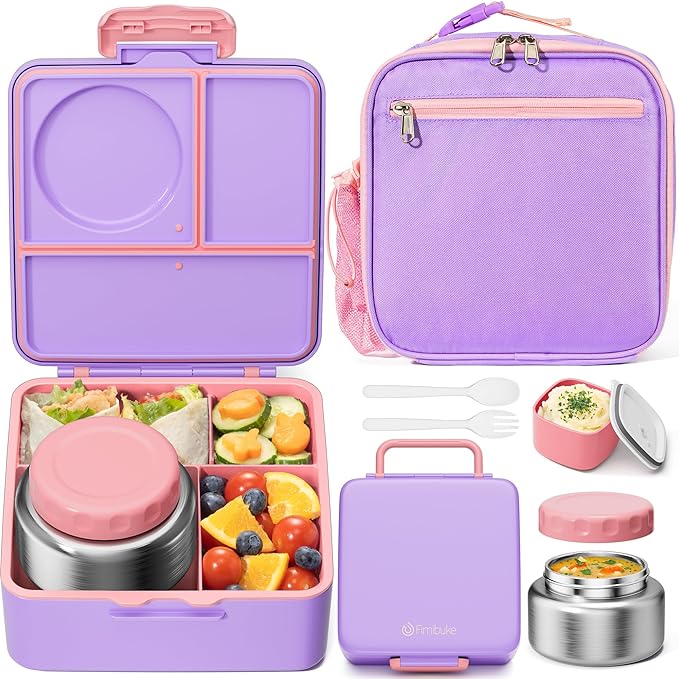 Fimibuke Bento lunch Box Set for Kids Adult with 8oz Insulated Food Jar, Lunch Bag & Sauce Cup, Leakproof Dishwasher Safe Toddler Lunch Food Container with 3-4 Compartment for School Girls Boys