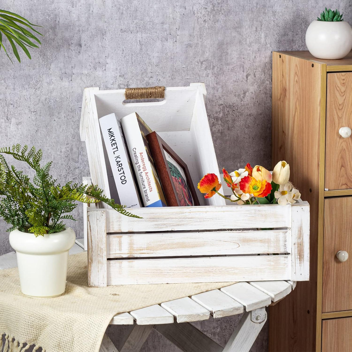 TIMRIS Set of 3 Rustic Wood Nesting Crates, Farmhouse Wooden Storage Container Boxes with Cutout Handles, Decorative Wooden Baskets for Display (Whitewash)