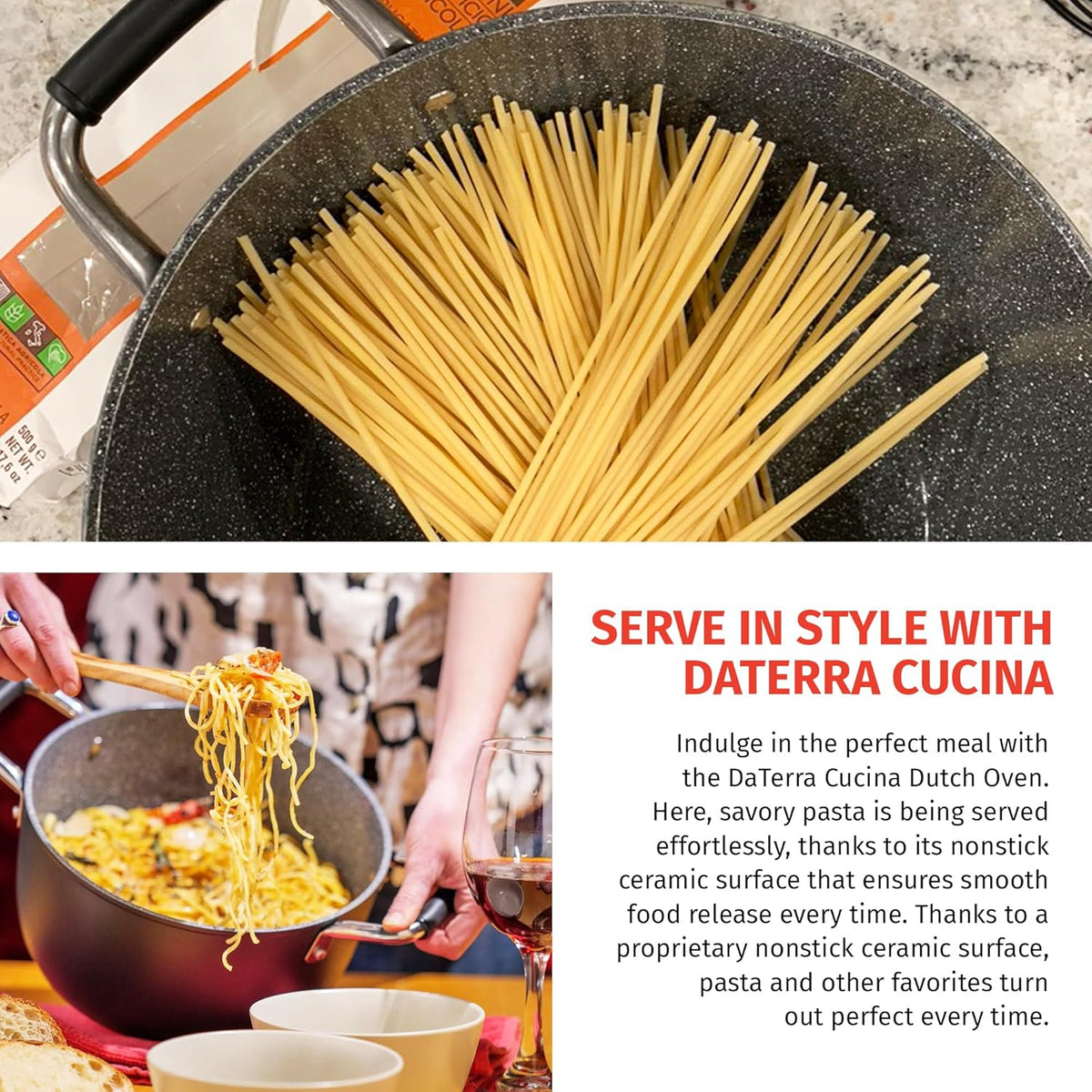DaTerra Cucina - 8 Qt Nonstick Ceramic Dutch Oven with Lid – Large Stock Pot, Oven & Induction Safe, Heavy Duty, Lightweight, Lead & PFOA Free, Volcanic Black | Made in Italy