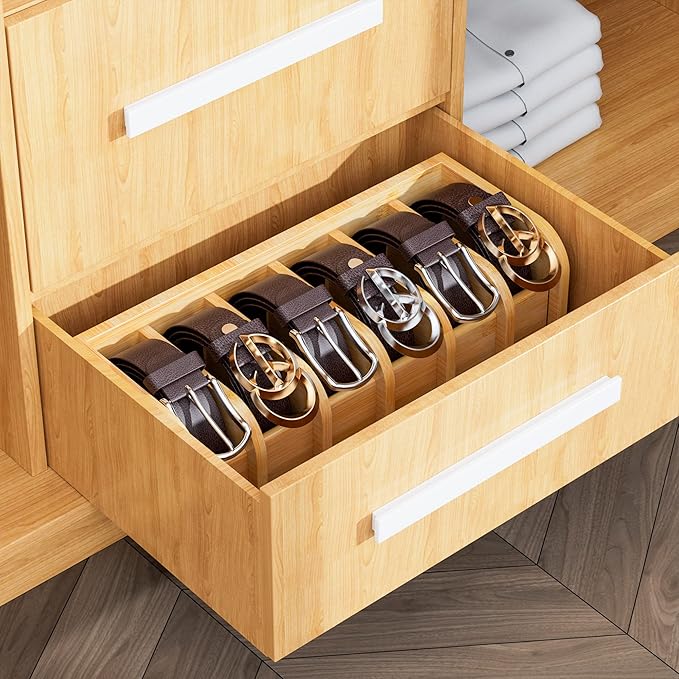 MinBoo Bamboo Belt Organizer Box,6 Grids Belt Rack, Belt Organizer for Closet and Drawer, Belt Storage Organizer and Displayer, Belt Organizer for Men Women (Natural Bamboo)