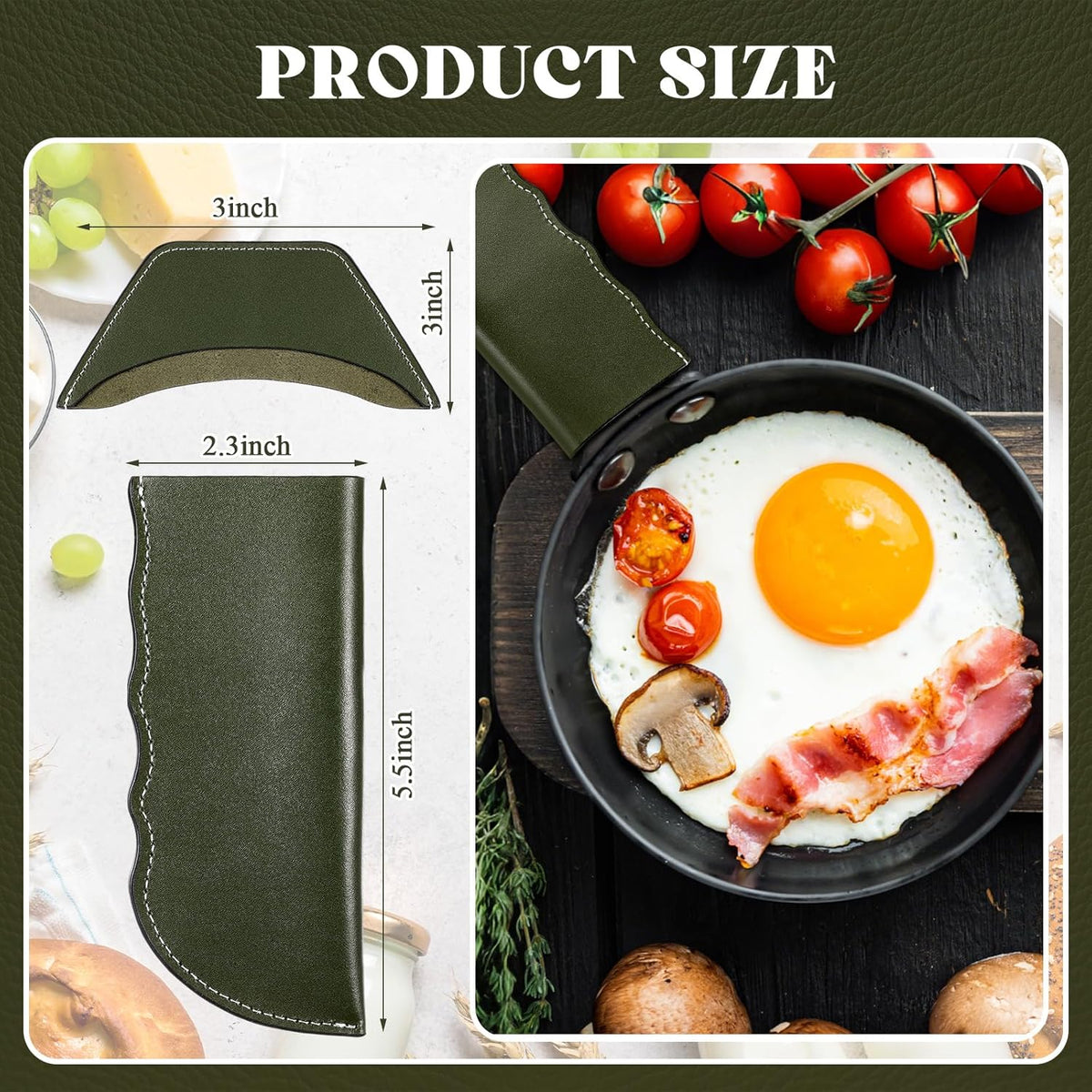 Baderke 4 Pcs Leather Cast Iron Handle Cover Handmade Leather Heat Resistant Skillet Handle Set Pot Holder for Hot Frying Pans, Pots(Army Green)