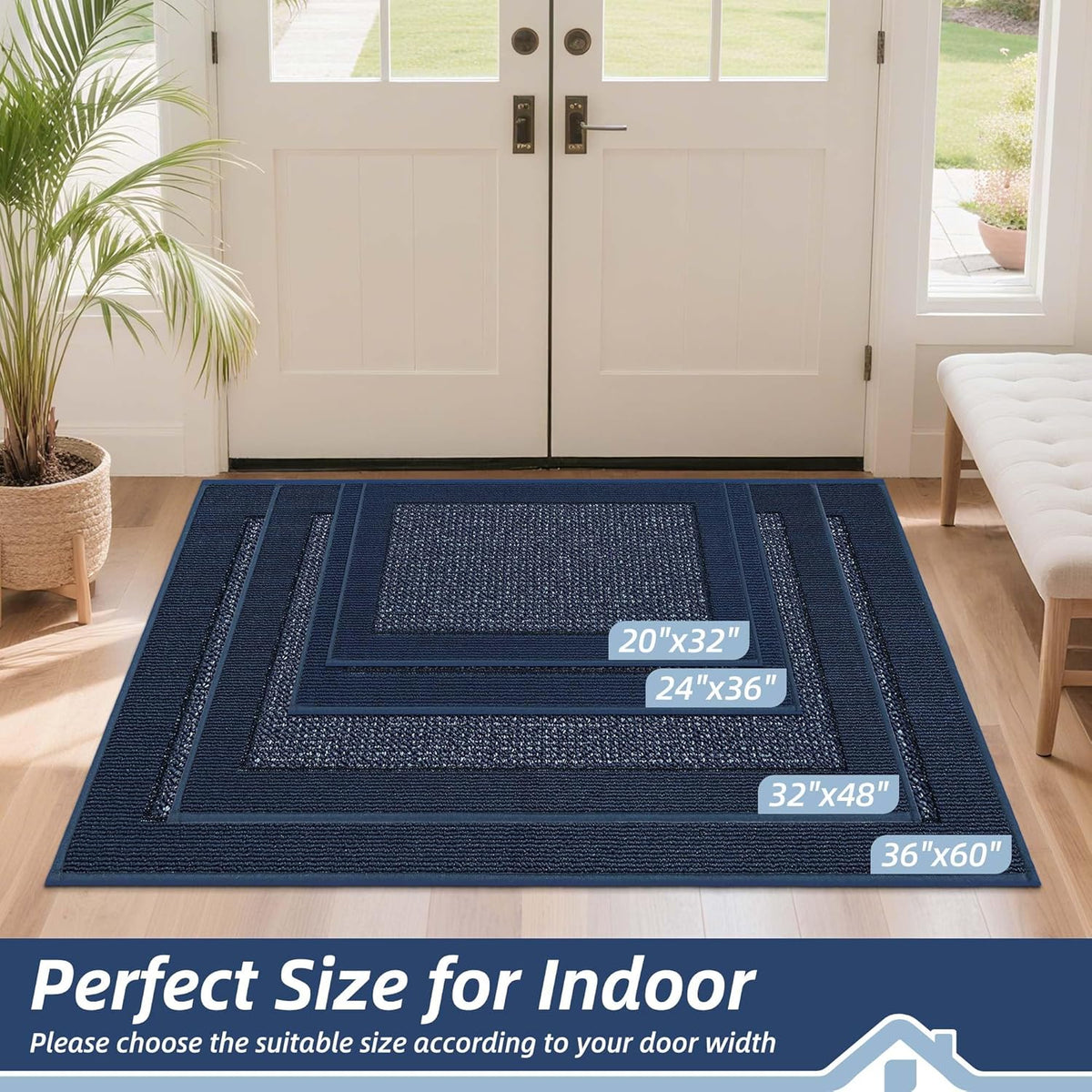 BEQHAUSE Indoor Door Mat 20" x 32", Dirt Trapper Door Mats Non-Slip Entryway Rugs Washable, Resist Dirt Absorbent Welcome Mat, Low Profile Floor Mats for Front Back Door and Entryway, Blue