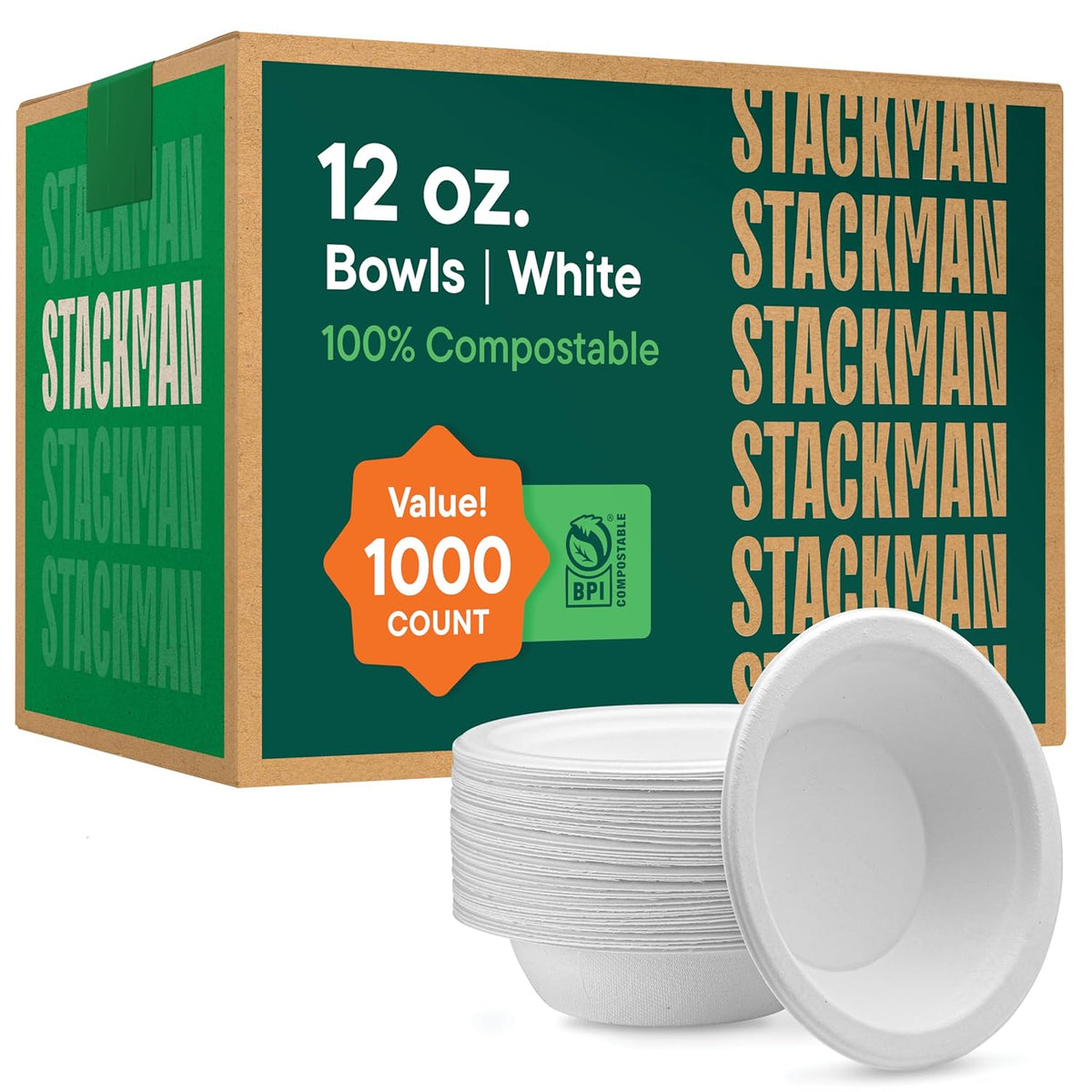 100% Compostable Paper Bowls 12 oz. [1000 Count] Heavy-Duty Soup Bowls - Natural White Color Unbleached Bagasse Bowls - Eco-Friendly Disposable Biodegradable Sugarcane - [Bulk Case 8/125 Pack]
