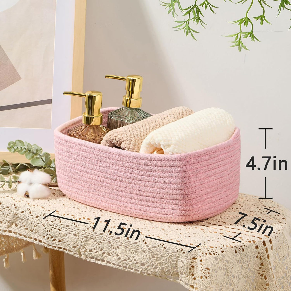 Small Storage Baskets for Organizing | Closet Organizer Bins | Shelf Toy Basket | Woven Rope Baskets | Cube Decorative Box | Shallow Basket | 11.5x7.5x4.7” | 4 Packs Light Pink