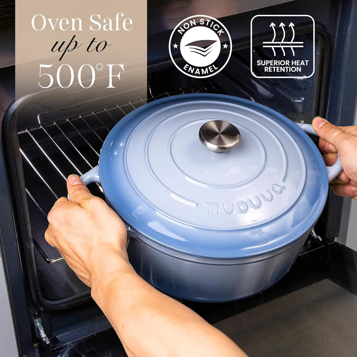 Nuovva Enamelled Cast Iron Dutch Oven Pot with Lid 6.4 Quart Non Stick Casserole Pot – Heavy Duty & Oven Safe up to 500° F for Bread Baking, Braising, Stews, Roasting – 28cm Costal Blue
