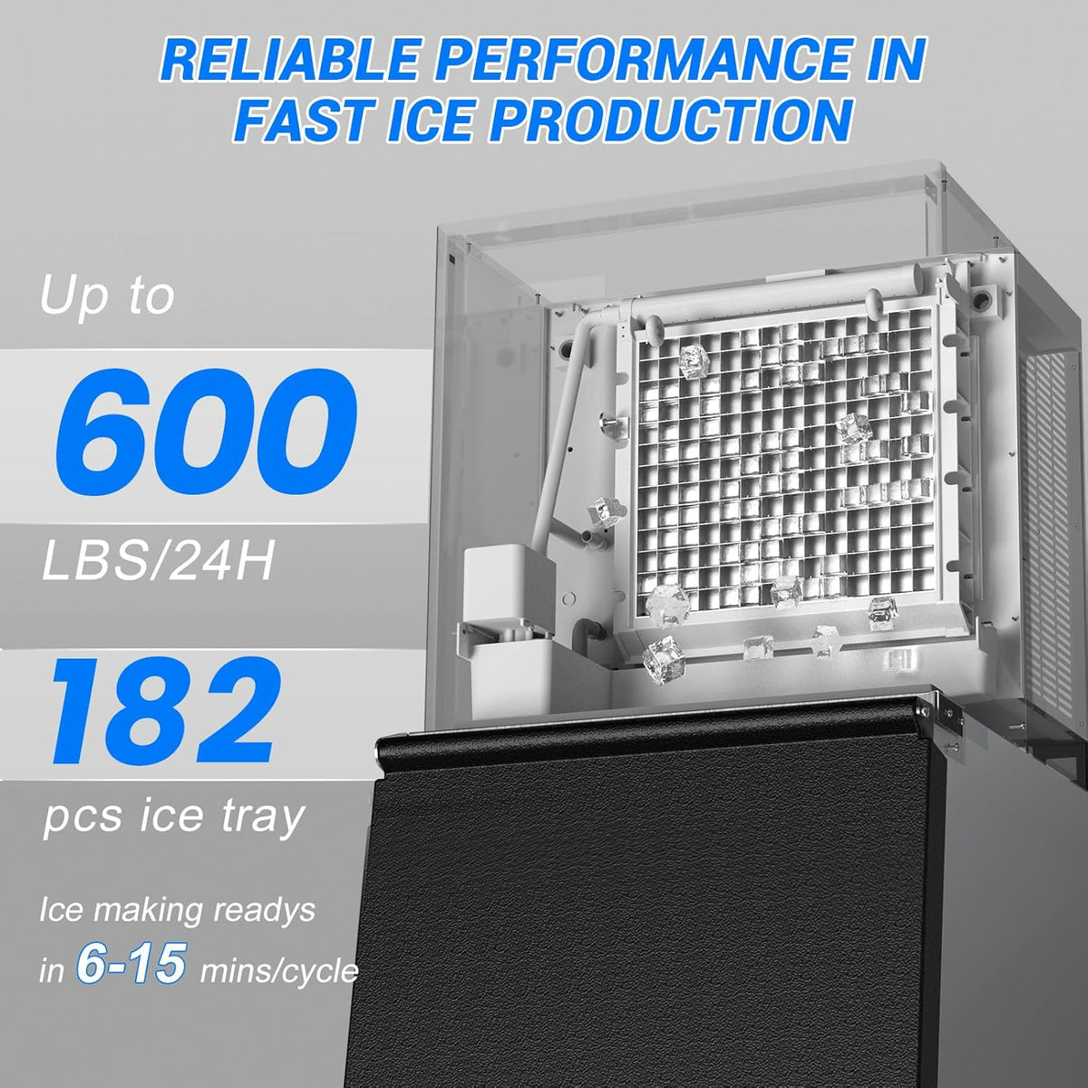 Commercial Ice Maker Machine 650LBS/24H with 350LBS Ice Storage Bin – 182 Cubes per Cycle in 6-15 Mins, Stainless Steel Industrial Ice Machine for Restaurants, Bars, Cafes & Business Use