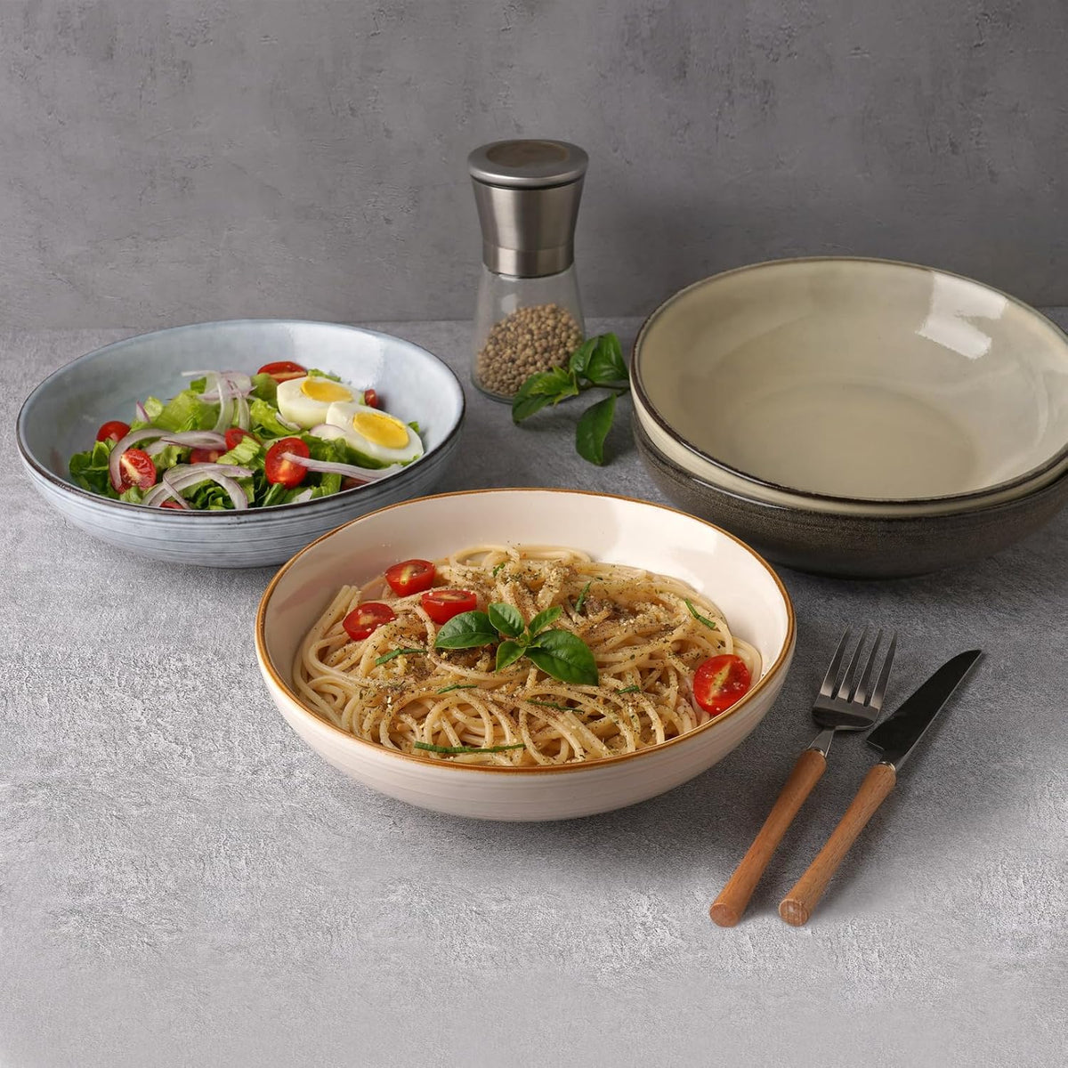 famiware Tempus Pasta Bowls Set of 4, 40 oz Bowls for Kitchen, Stoneware Deep Serving Bowls, Dishwasher & Microwave Safe Bowls for Cereal, Salad, Soup, Dessert etc - Castle Wall