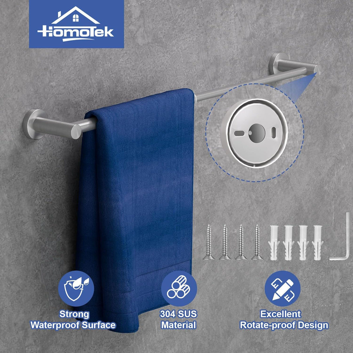 Adjustable Towel Bar, HOMOTEK Economical Bathroom Towel Holder Rod from 12 Inch to 22 Inch Single Towel Racks, Wall Mount Towel Rail, Towel Hanger Hook for Kitchen(1 Pack Brushed Stainless Steel)