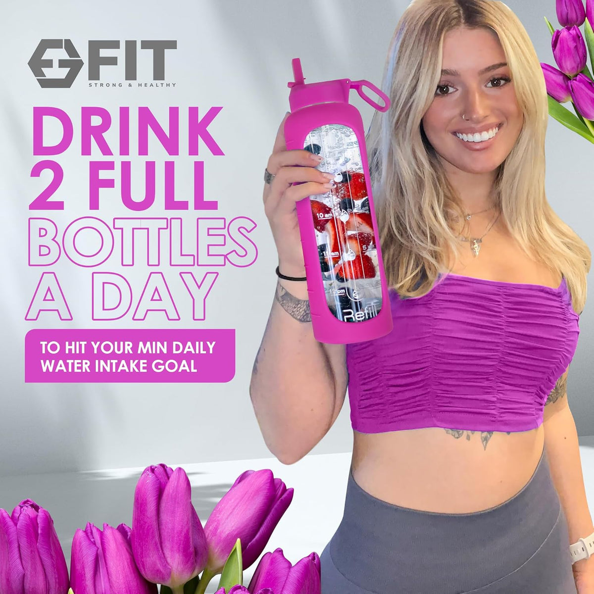 FIT Strong & Healthy 32 oz Glass Water Bottle with Straw Lid, Time Marker, Sleeve & Extra Lid - Motivational, Wide Mouth 1 Liter Glass Drinking Bottle
