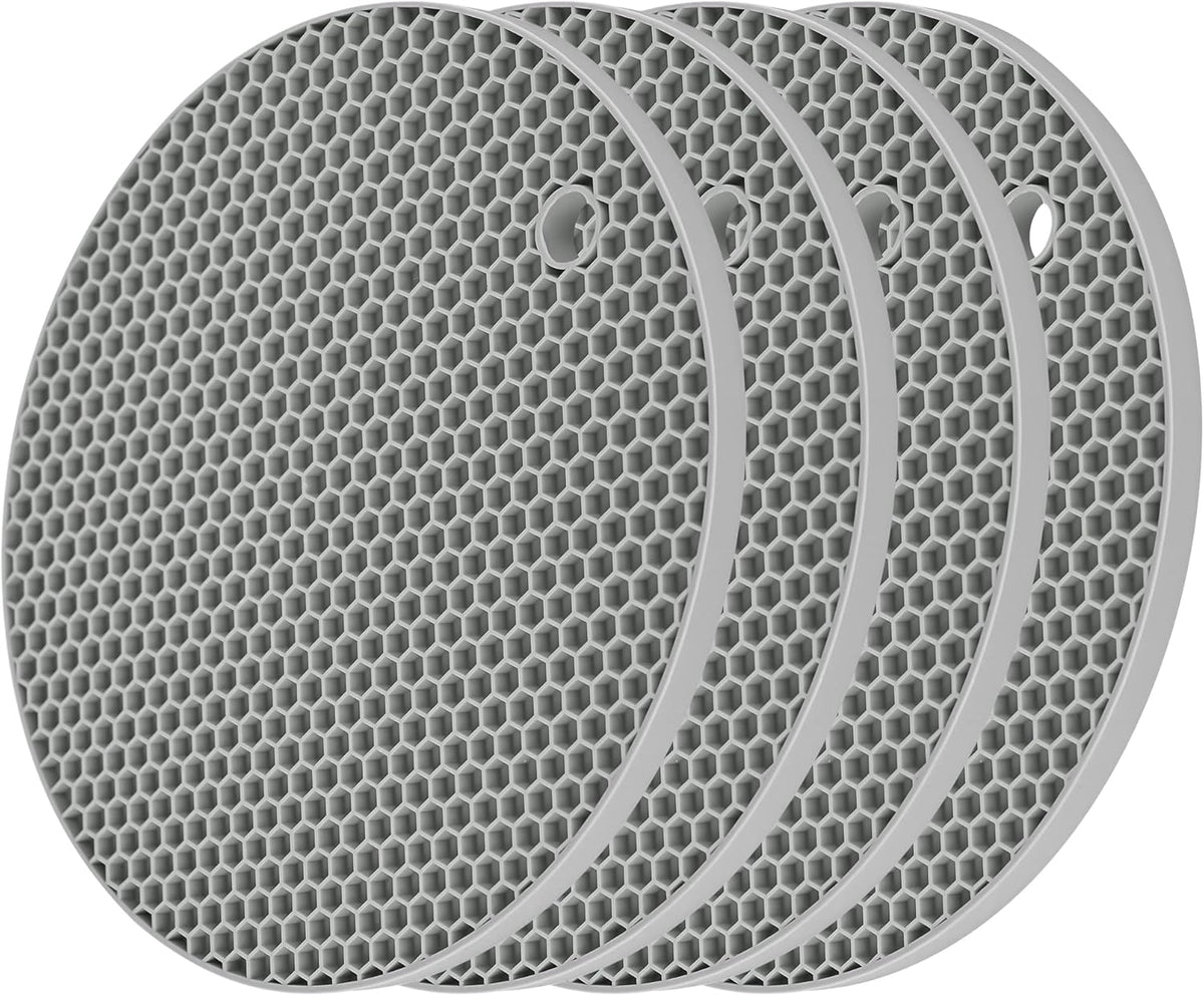 Trivets for Hot Dishes, Siicone Trivet Mat Hot Pads for Kitchen Tabletop, Round Silicone Pot Holders Mat, Trivets for Pots and Pans, Trivet for Quartz Countertops Mats Set 4 Light Gray