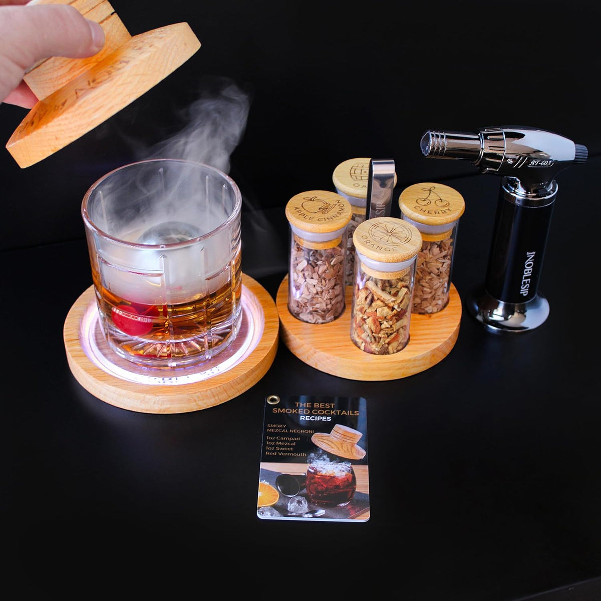 Cocktail Smoker Kit with Bar Stand Smoky Pro with Torch and Selected Wood Chips. All You Need in 1 Set to Smoke Your Whiskey, Bourbon, Scotch, Old Fashioned. A Great Home bar Gift Set!