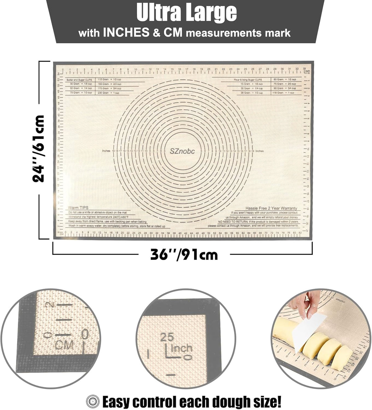 Non-slip Silicone Pastry Mat 36X24 inches Baking Mat with Measurement, Perfect for Dough, Pastry, Pie Crust, Fondant, Cookies, Bread, Pasta, Pizza, Food Grade Kitchen Counter Mats
