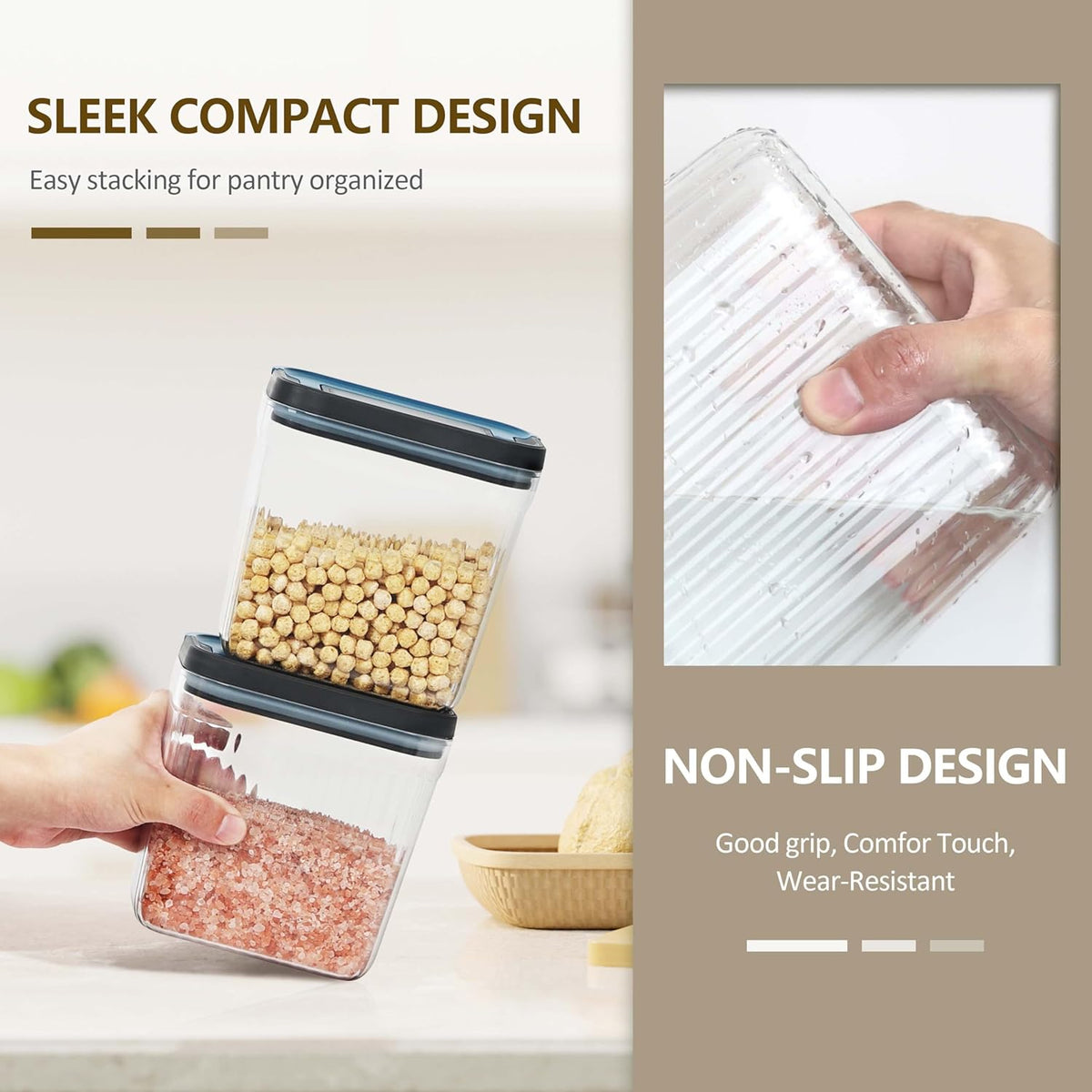 Flip-Lock Airtight Food Storage Containers 6-PC (0.6 Qt*2+1.6 Qt*3+3.4 Qt),Leakproof Ring Seal Top,Anti-Slip Pantry Canister for Flour Sugar,Coffee,Dog Food Treat,Rectangle Black