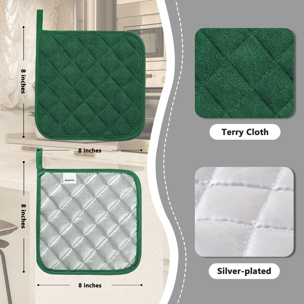 Joyhalo 6 Pack Pot Holders for Kitchen,Cotton Oven Holder with Great Heat Resistance,Non Slip Hot Pads for Kitchen Clearance,Dark Green