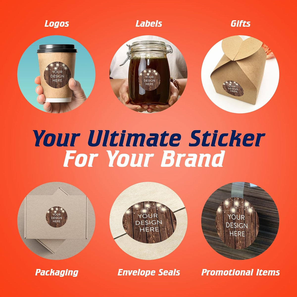 5-1000 Custom Vinyl Stickers - Upload Your own Image, Text, Design, Logo - Personalized Logo Labels for Handmade, Packaging, Bottle, Jars, Candle, Brand Stickers (Wood Lights, 2x2)