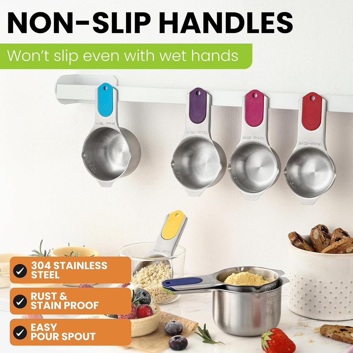 Spring Chef Magnetic Stainless Steel Measuring Cups, Patented, Kitchen Tools with Easy to Read Markings for Measuring Dry or Liquid Ingredients, Set of 7, Multicolor