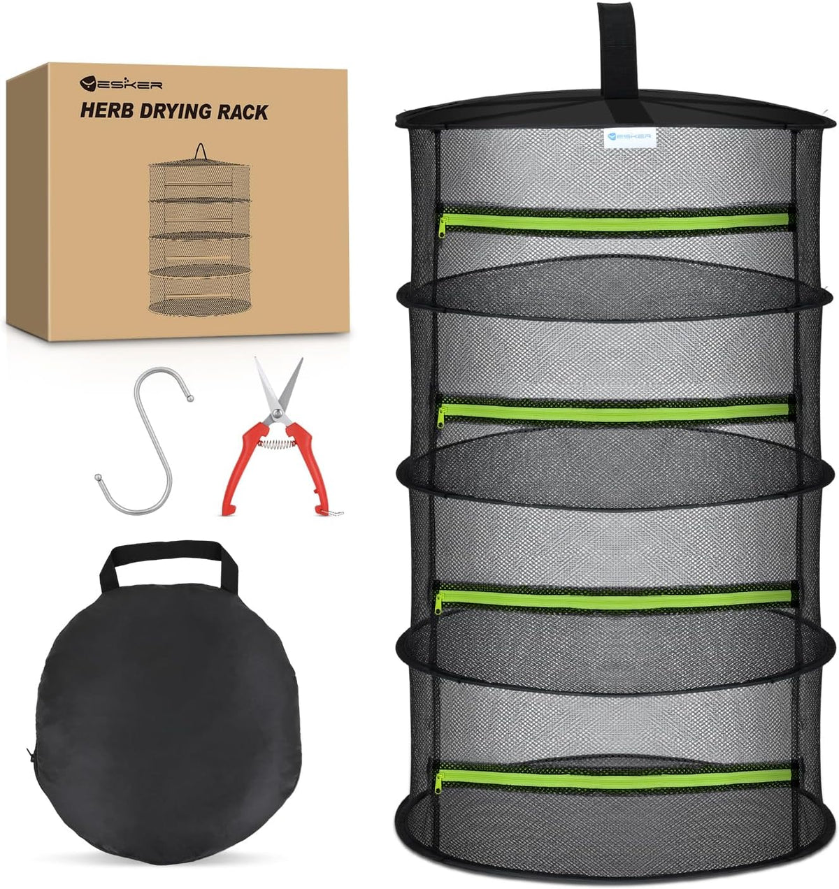 Yesker 4 Layer Herb Drying Rack Hanging Mesh Net Foldable Plant Drying Racks 24" w Green Zipper Pruning Shears Hook Dryer Hanging Rack for Herbs Seed Bud Fruit Clothes Grow Tent Closets Garden Outdoor