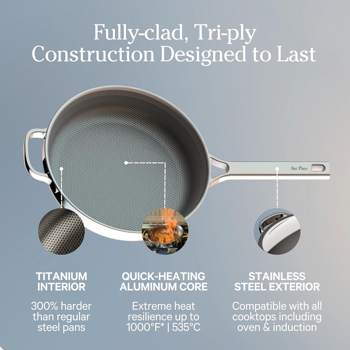 Our Place Titanium Mini Always Pan Pro - 8.5” (1.48 Qt) No-Coating Nonstick Skillet | Tri-Ply Titanium & Stainless Steel | Safe for Oven, Induction & Cooktops up to 1000°F | Includes Spatula | Chrome