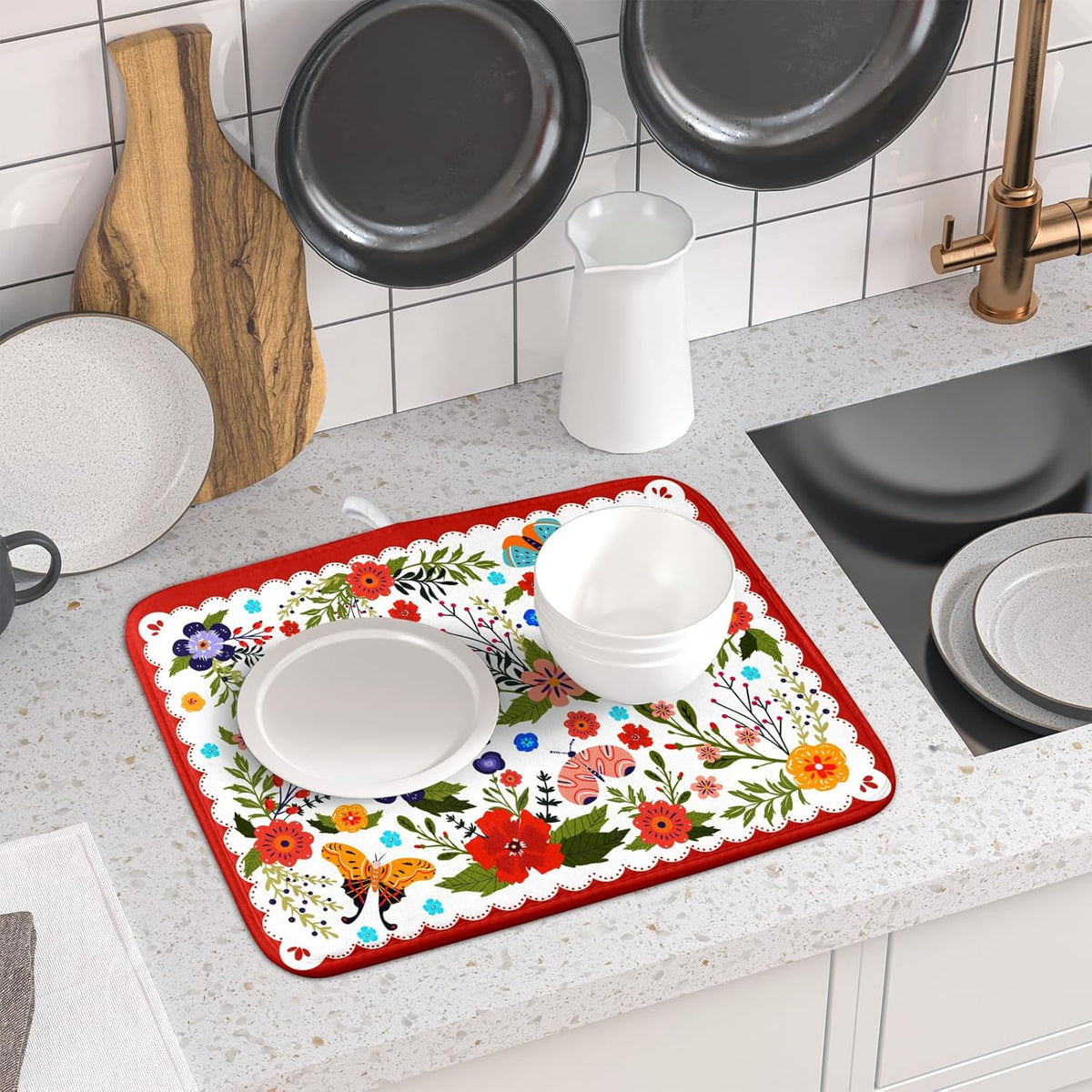 Flowers Printed Dish Drying Mat Floral Coffee Mat for Kitchen Counter Small