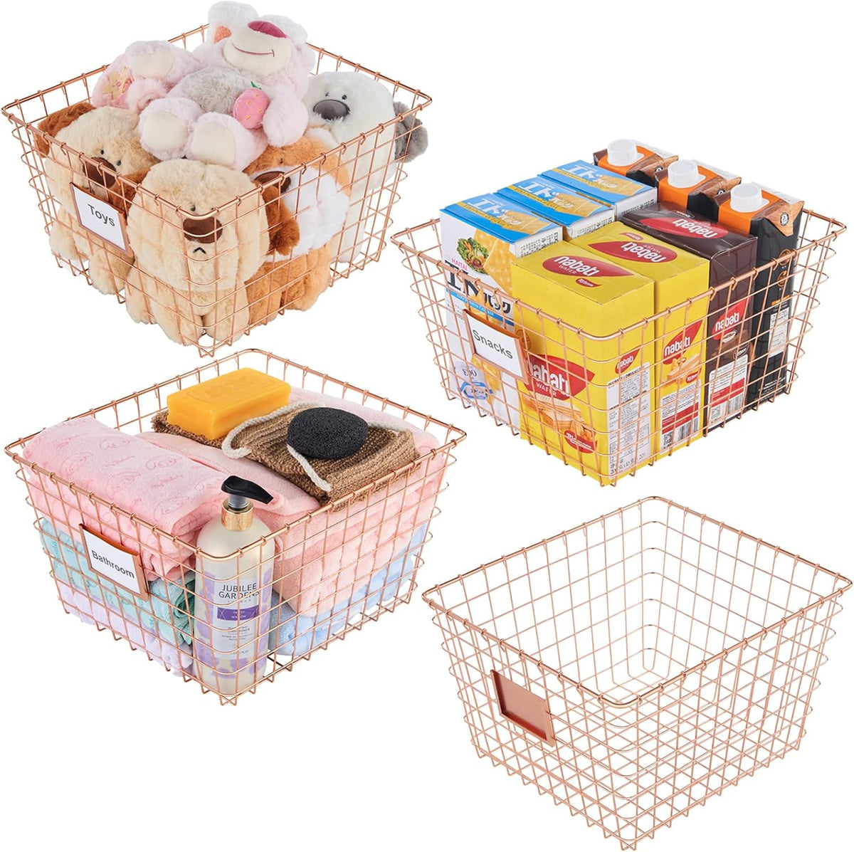 4 Pack【Extra Large】 Wire Handmade Storage Basket for Organizing Household Goods,Pantry Organization,Bathroom countertop,Laundry,Wardrobe Storage Basket,Rose Gold