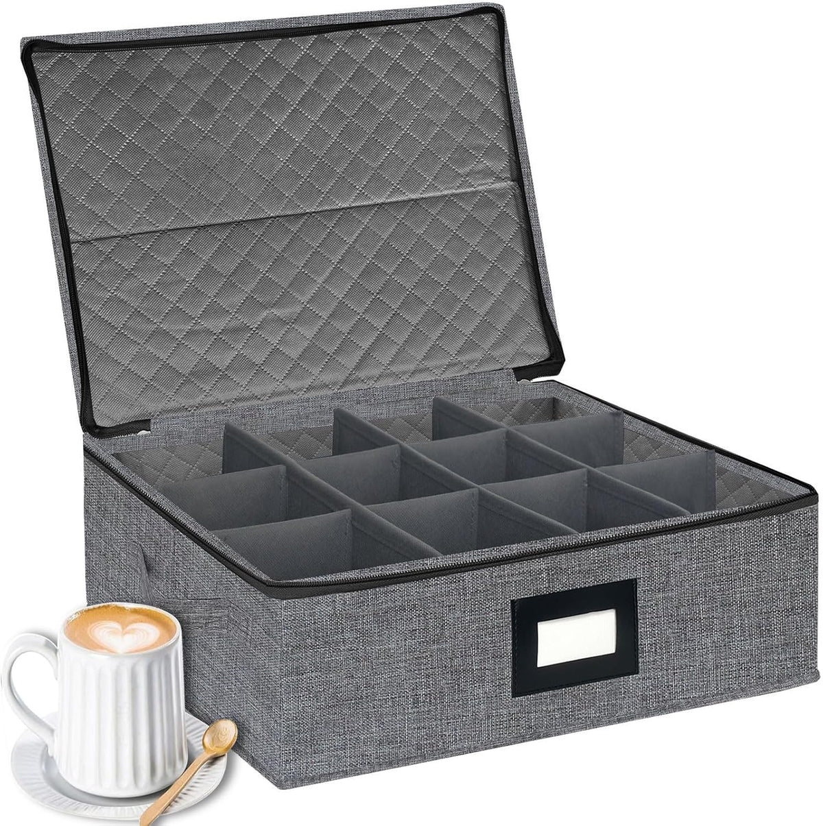 homyfort Mug Coffee Storage Box with Dividers - Stackable Glass China Storage Containers Hard Shell with Lid, Label and Handles, Holds 12 Coffee Mugs and Tea Cups (Dark Grey)