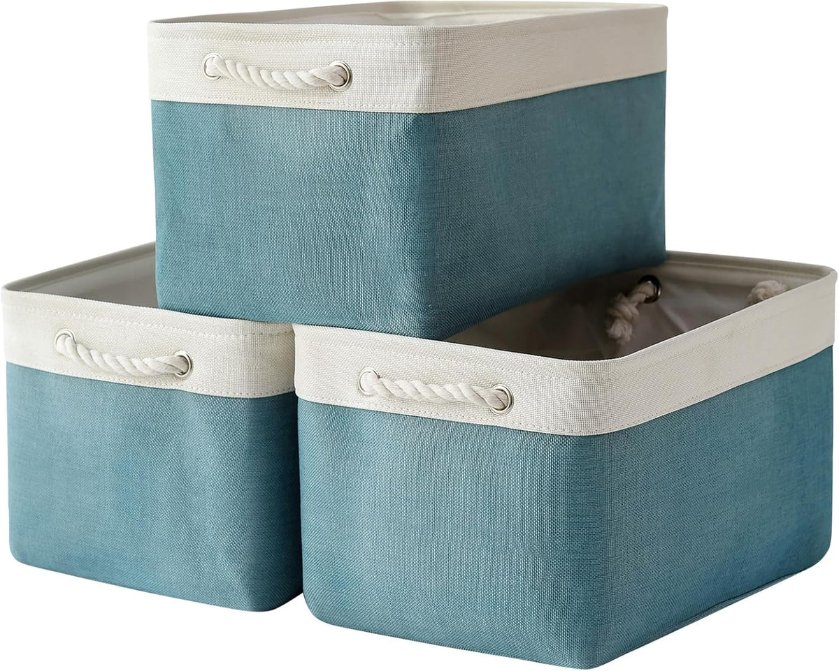 TheWarmHome Organization and Storage basket for Organizing - 3 Pack 16x12x12 inch Cube Storage Bin for Shelves, Fabric Storage Cubes for Organizer Cloth Closet Toy Box (White & Green)