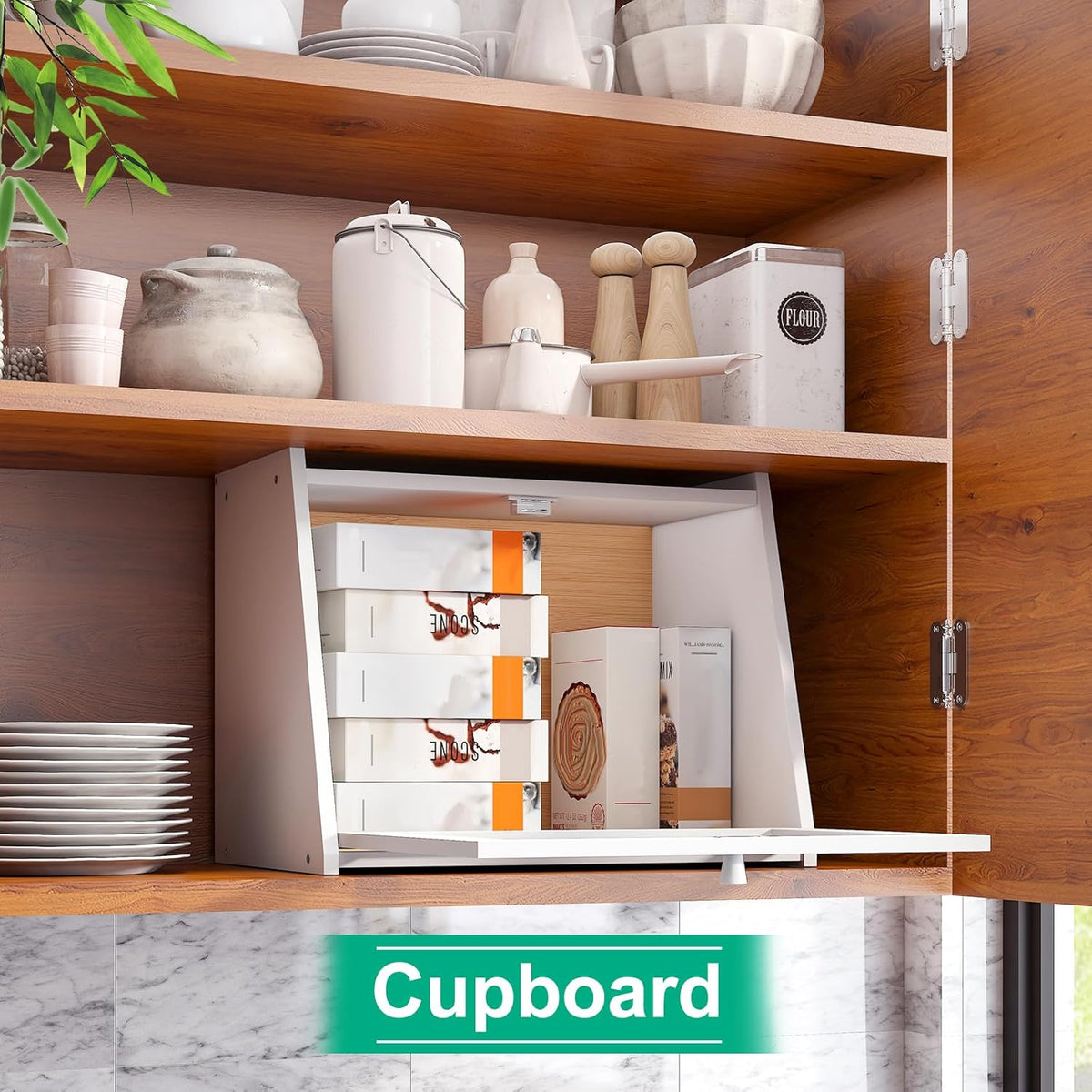 Large Bread Box for Kitchen Counter, White Bamboo Bread Storage Container with Wavy Arcylic Transparent Door, Bamboo Wooden Farmhouse Bread Box for Your House
