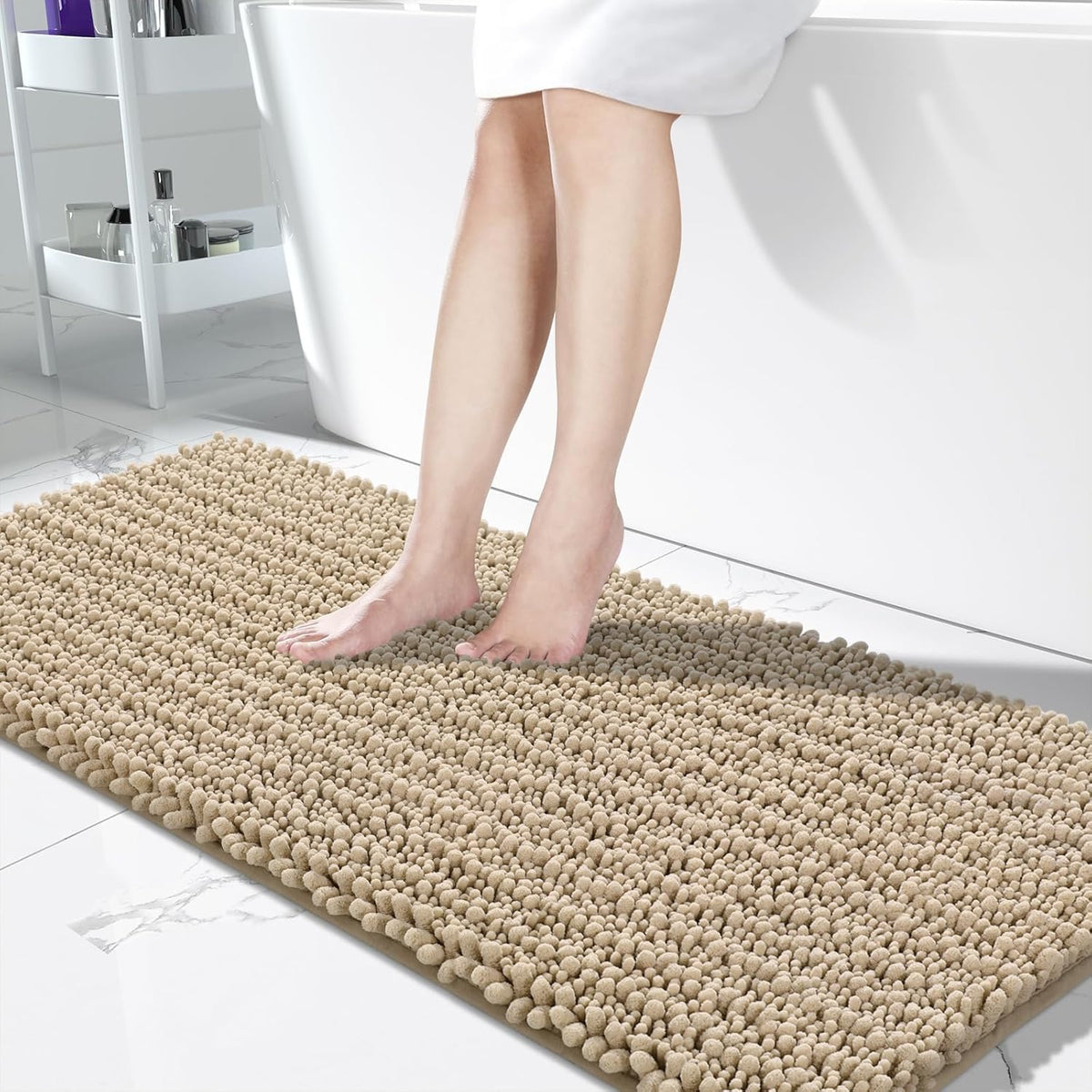 Yimobra Bathroom Runner Rug 60x24 Inch - Extra Long Non Slip Chenille Bath Mat, Soft & Absorbent, Machine Washable Shaggy Hallway Carpet for Vanity Tub Shower, Pale Khaki Home Decor Accessories