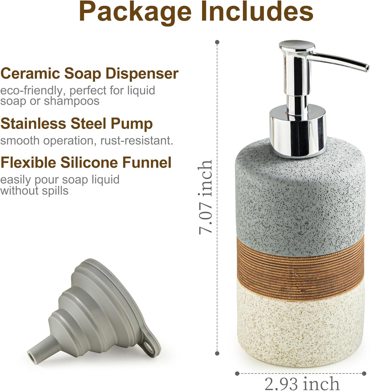 Ceramic Soap Dispenser Set for Hand Soap, Shampoo, Dish Soap, Conditioner, Bathroom & Kitchen, Stainless Steel Pump, Includes Silicone Funnel, 12 Oz, Non-Slip, Elegant Kitchen Decor, Gray