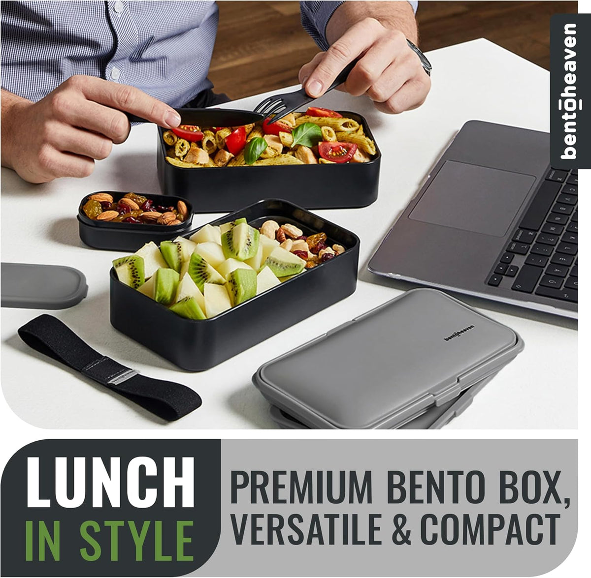 Bentoheaven Premium Bento Box Adult Lunch Box with Compartments for Women & Men, Set of Utensil & Chopsticks & Dip Container, Cute Japanese Kids Bento Lunch Box, Microwavable (Whispering Gray)