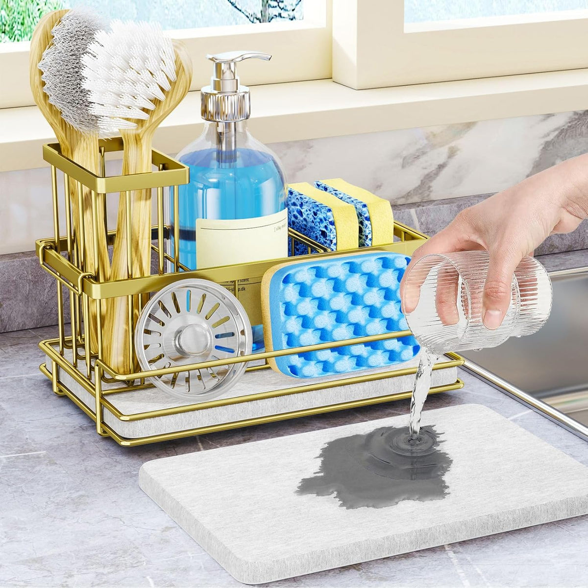 HapiRm Sink Caddy Sponge Holder - Kitchen Sink Organizer with Instant Drying Stone and Brush Holder, Stainless Steel Sponge Caddy for Kitchen Countertop - Gold