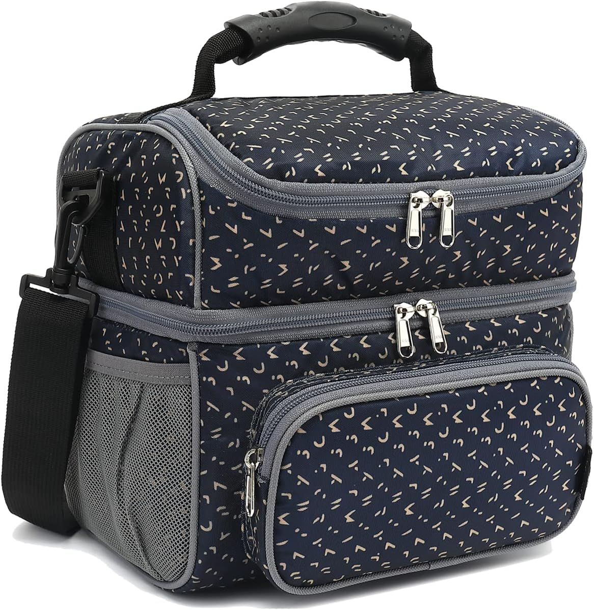 FlowFly Double Layer Cooler Insulated Lunch Bag Adult Lunch Box Large Tote Bag for Men, Women, With Adjustable Strap,Front Pocket and Dual Large Mesh Side Pockets