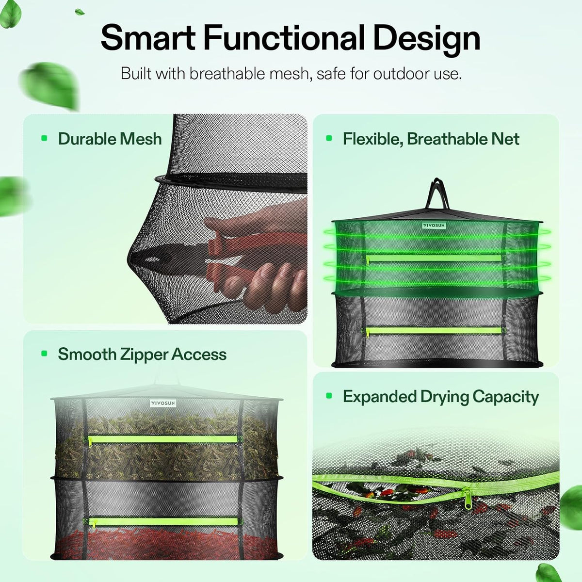 VIVOSUN 2-Layer Mesh Drying Rack Hanging Design with Green Zippers for Dehydrating, Indoor and Outdoor Pruning Shears Included