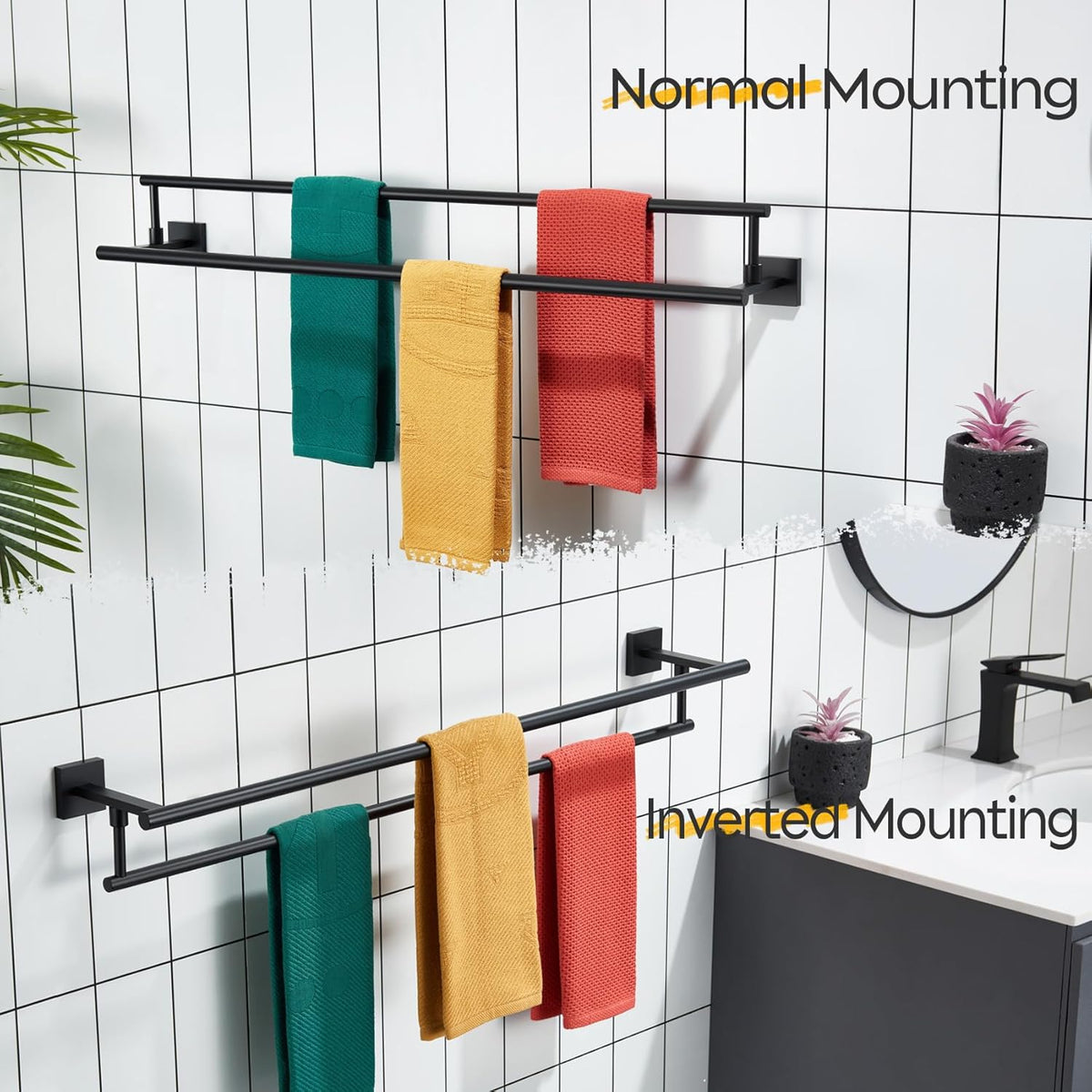 KOKOSIRI Bathroom Towel Bars 36-Inch Double Towel Rails Matte Black Towel Holder Overlength for Kitchen Toilet Stainless Steel B5009BK-L36